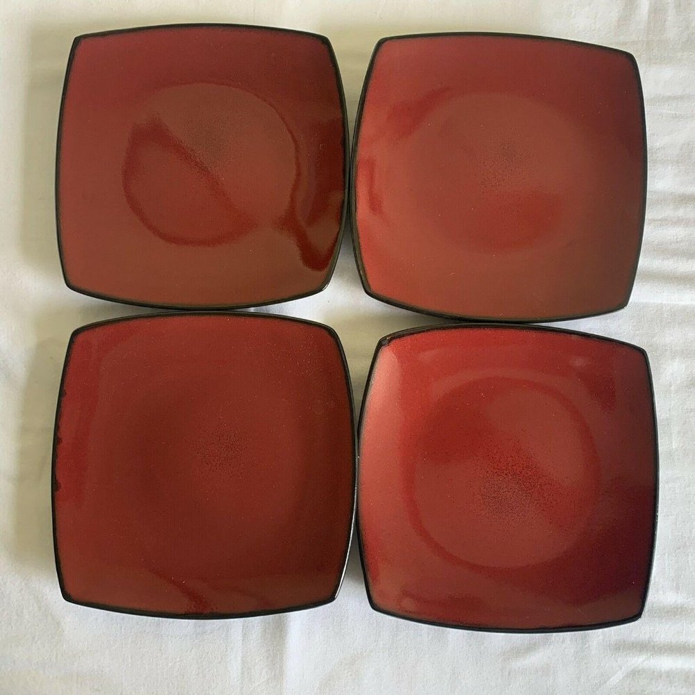 Set Of 4 Gibson Elite Black Red Square Salad Side